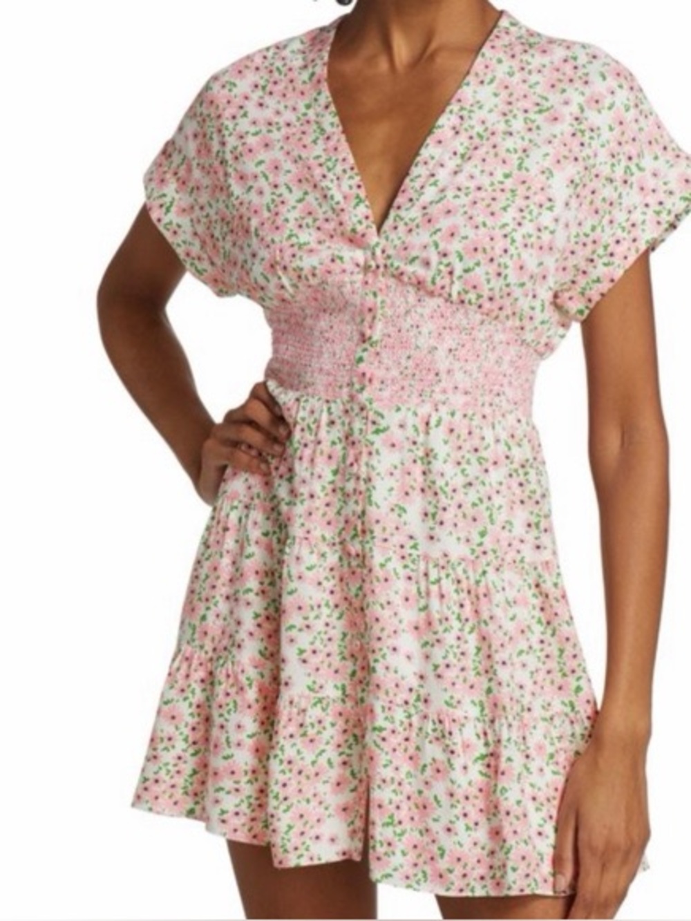 Alice + Olivia Keela Smocked Waist Dress in Monterey Ditsy Soft White, 6